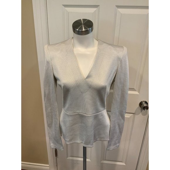 Alexander McQueen Shimmering Silver V-Neck Long Sleeve Top Size 8 (US) 42 (IT)